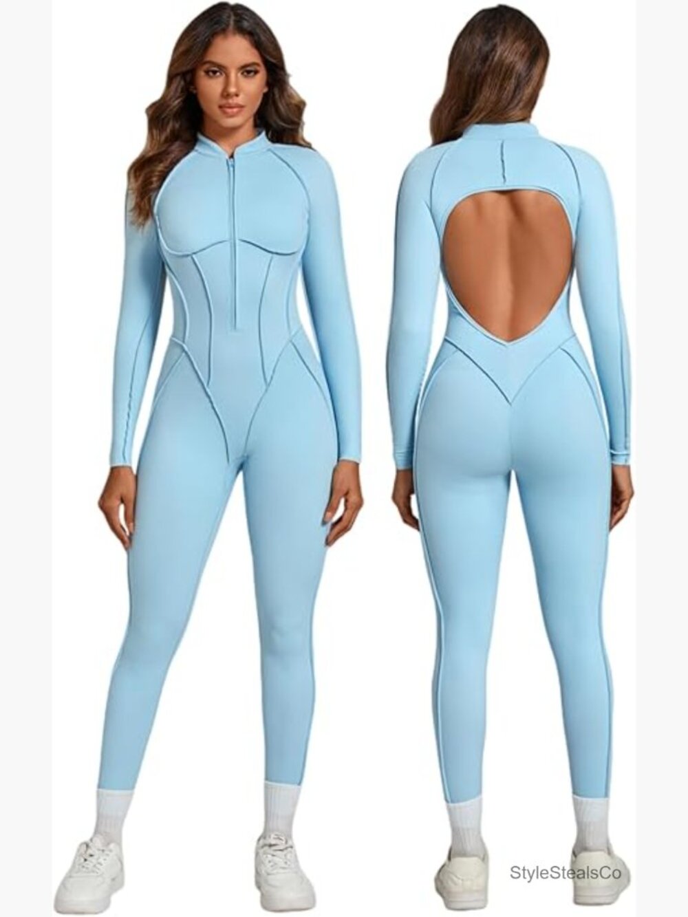 Long Sleeve Zip Up Backless Bodysuit Jumpsuit Workout Yoga Romper